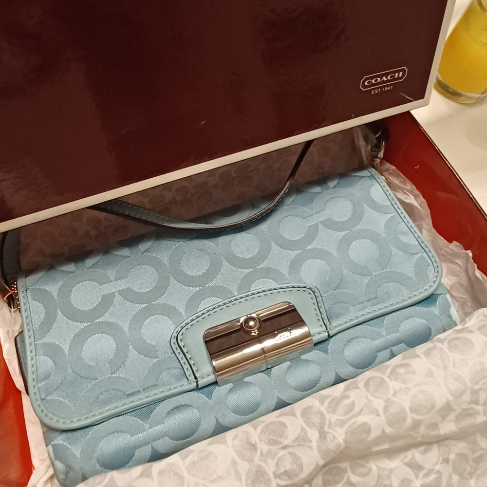 AUTH LIKE NEW COACH BEAUTIFUL BLUE "C" LOGO MONOGRAMMED CANVAS LG WRISTLET & BOX